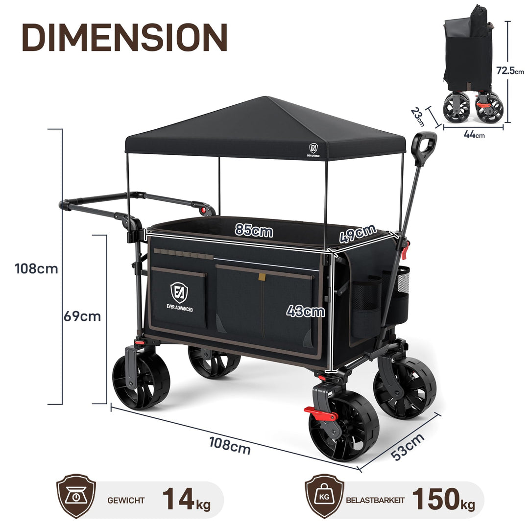 Bollerwagen XXL faltbar 225L 150kg Dach Bremse breite Räder - Bild 3