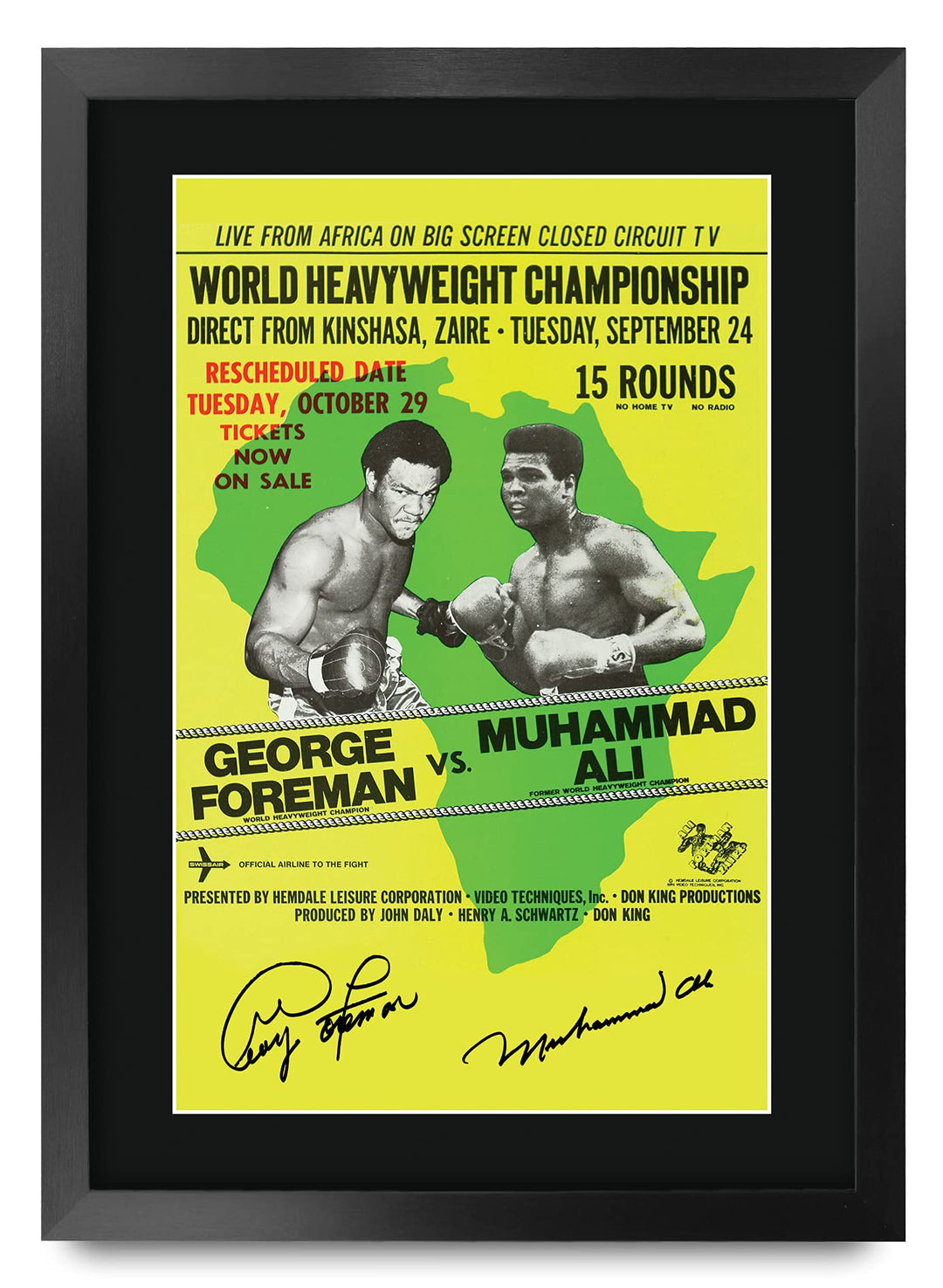 Boxposter gerahmt George Foreman vs Muhammad Ali A3 mit Autogrammdruck