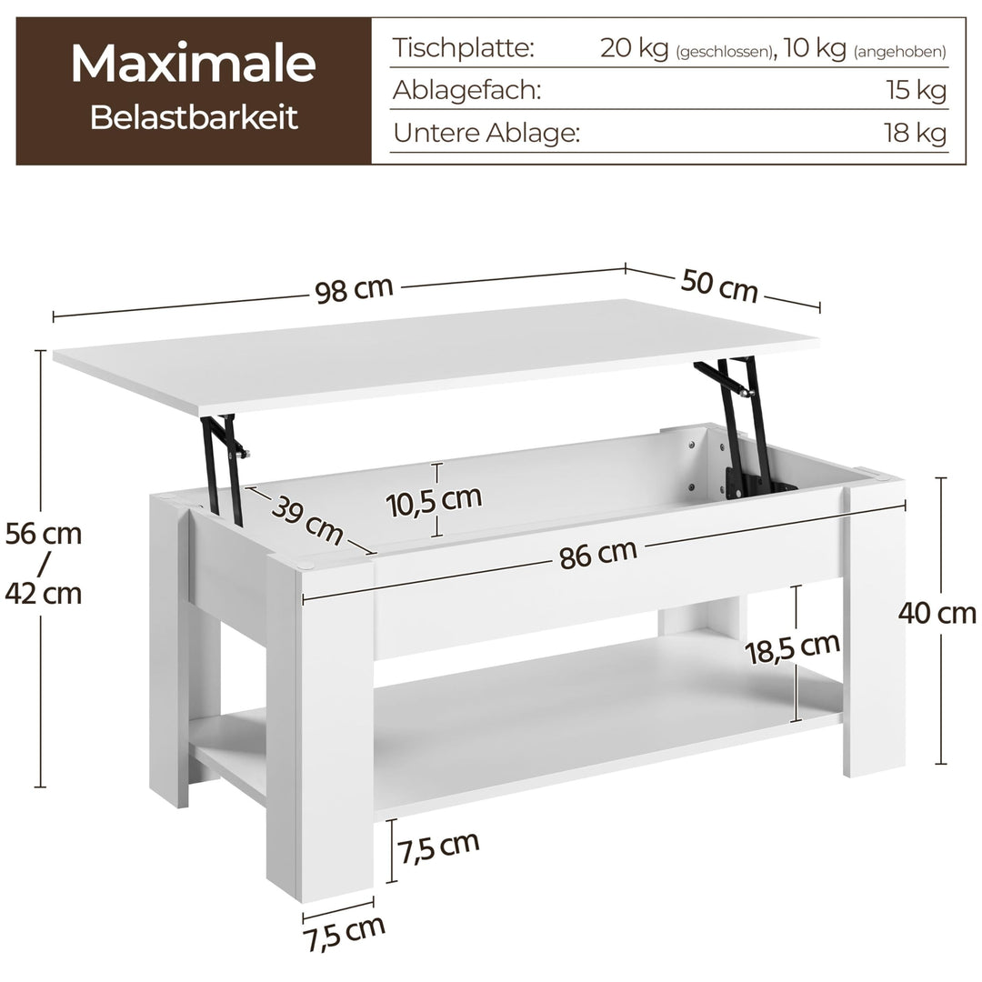 Couchtisch höhenverstellbar Weiss Lift-Top mit Stauraum 98x50cm - Bild 3