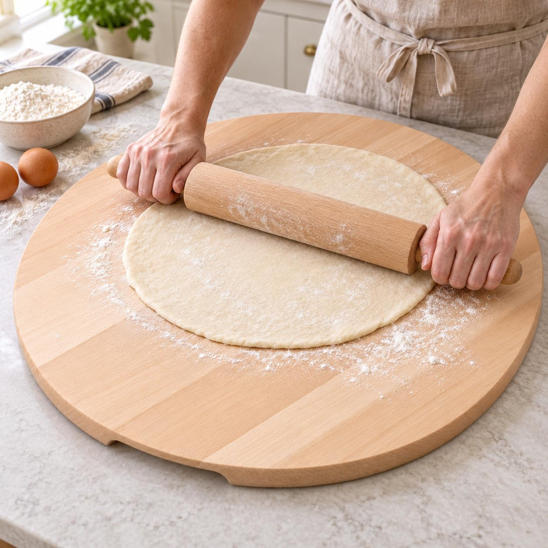 Pizzateller Holz rund 50 cm mit Griff aus Buchenholz massiv - Bild 5