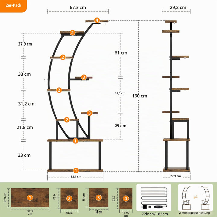 Pflanzenregal mit Wachstumslampe 9 Etagen Metall 162 cm, 2er-Set