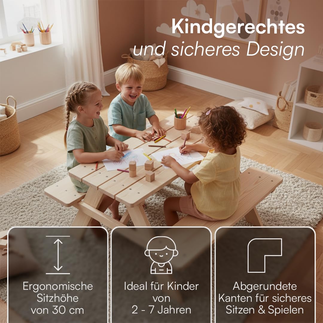 Kindersitzgruppe Massivholz Kiefer Tisch und 2 Bänke Outdoor - Bild 4