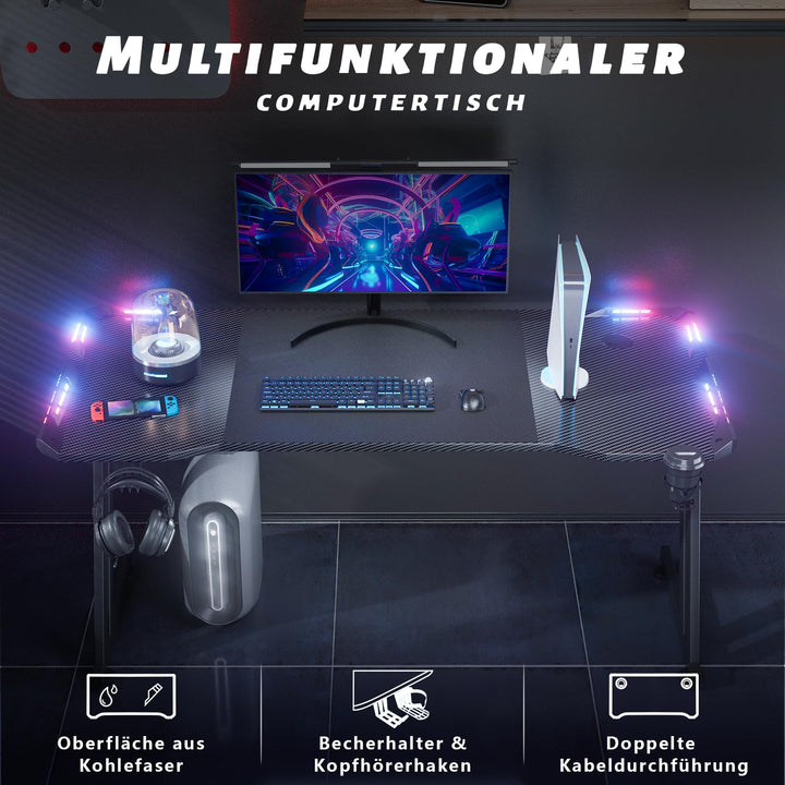 Gaming Tisch mit RGB-LED 120x60 cm schwarz, Monitorarm-kompatibel - Bild 6