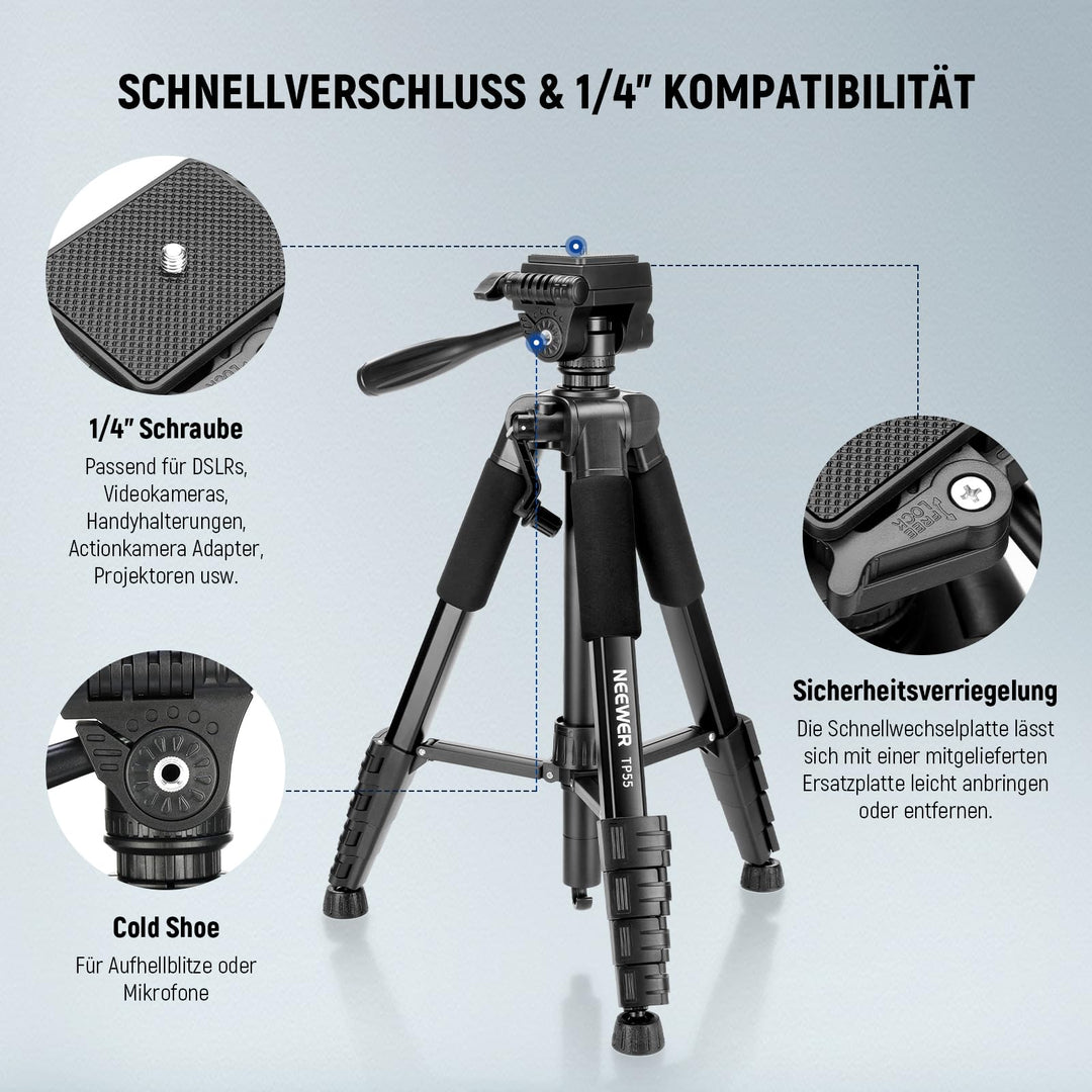 Kamera-Stativ Aluminium 2-in-1 mit Einbein 177cm 3-Wege-Kopf - Bild 6