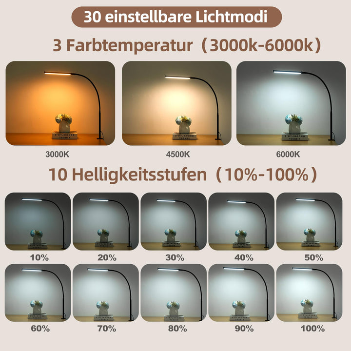 Klemmleuchte LED Schreibtisch Schwanenhals 360° drehbar, 3 Farbtemperaturen