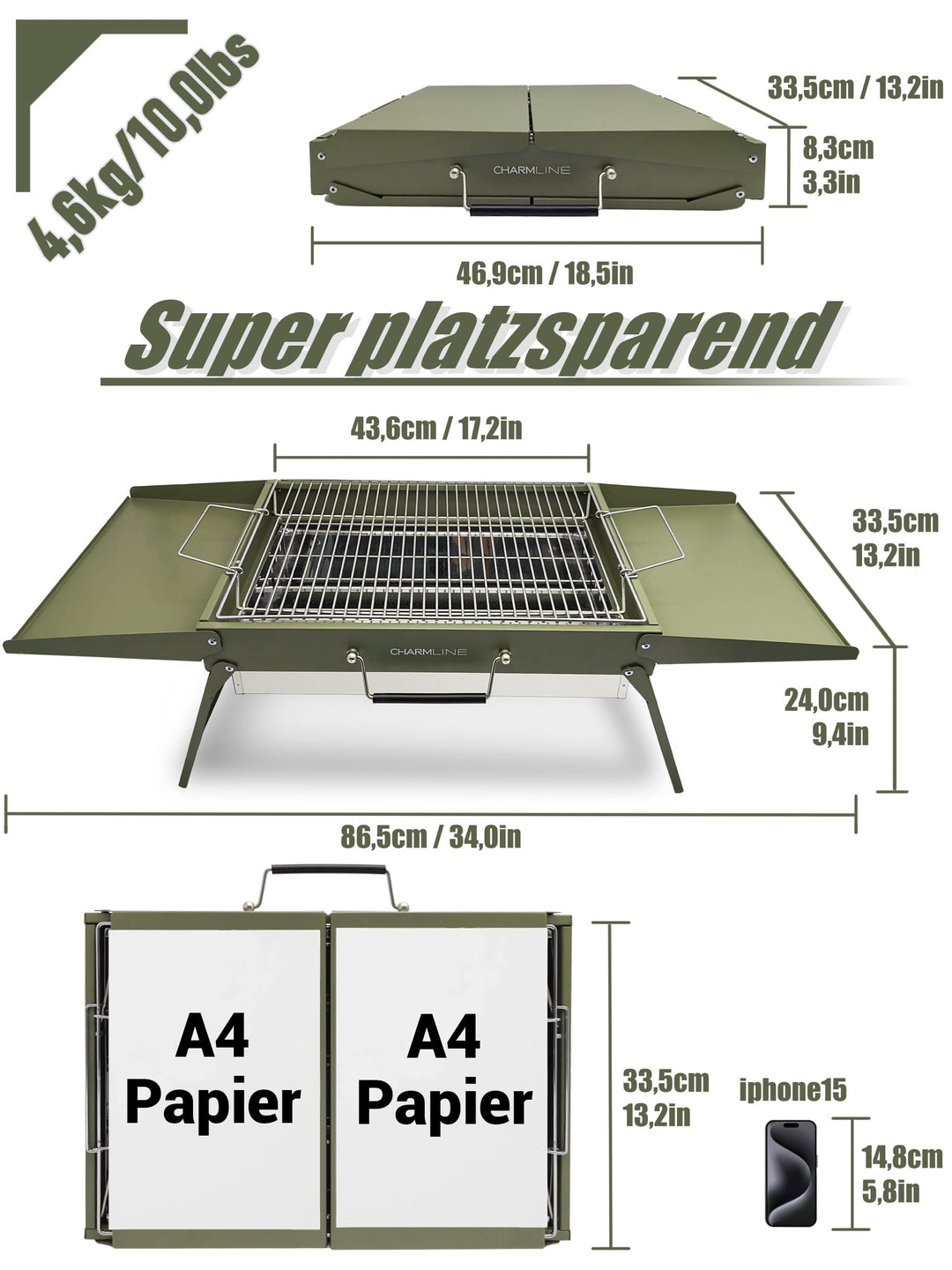 Klappbarer Holzkohlegrill 47x34 cm für 3-5 Personen Camping - Bild 4
