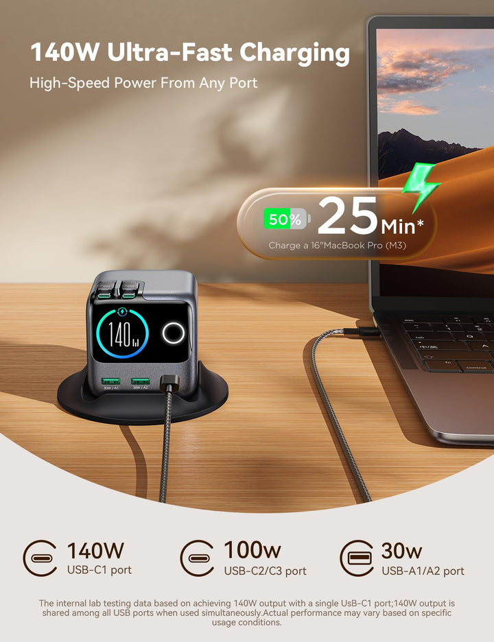 GaN Ladestation 140W 5-in-1 mit 2 einziehbaren USB-C-Kabeln LCD - Bild 2