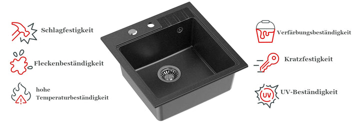 Einbauspüle Granit Schwarz 52x50 cm mit Armatur und Siphon - Bild 4