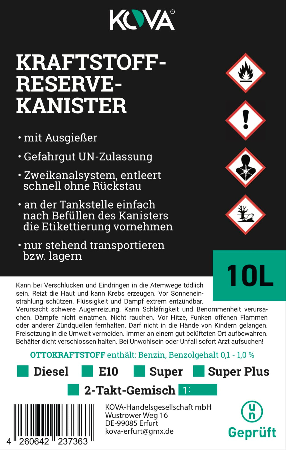 Kraftstoffkanister 10L Kunststoff mit Ausgiesser 4er-Set UN-zugelassen - Bild 2