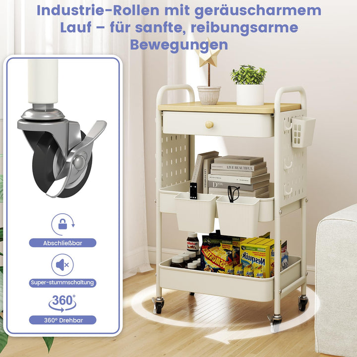 Rollwagen Metall 3 Ebenen mit Schubladen und Stecktafeln Weiss - Bild 4