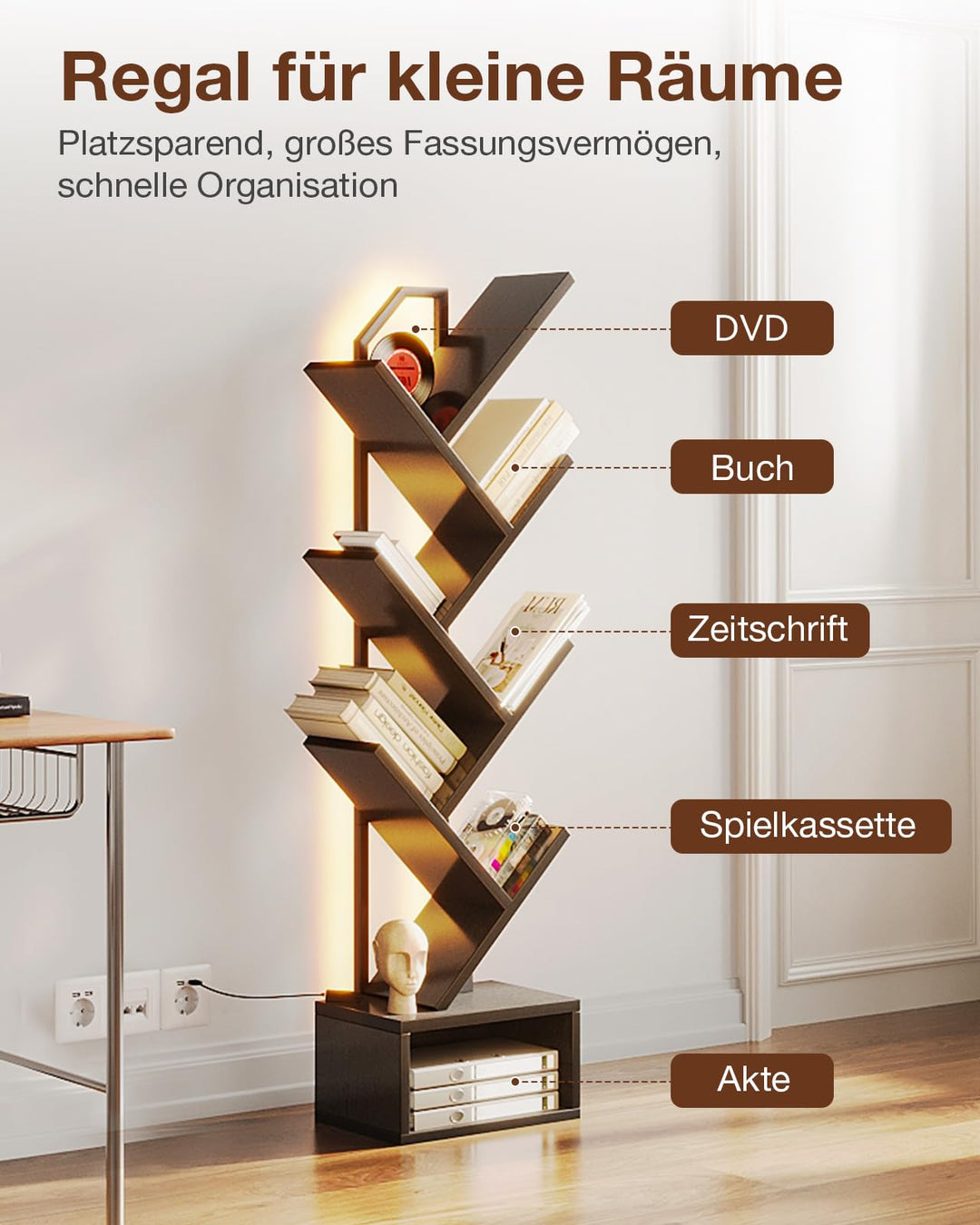 Standregal Baumform 6 Ebenen 110cm Holz und Metall Schwarz