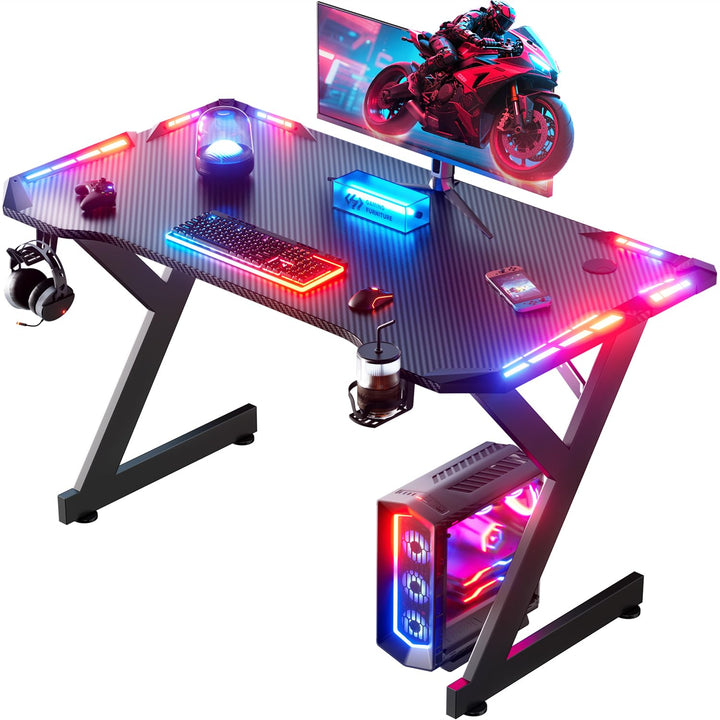 Gaming Tisch mit RGB-LED 100x60 cm Kohlefaser-Optik Schwarz