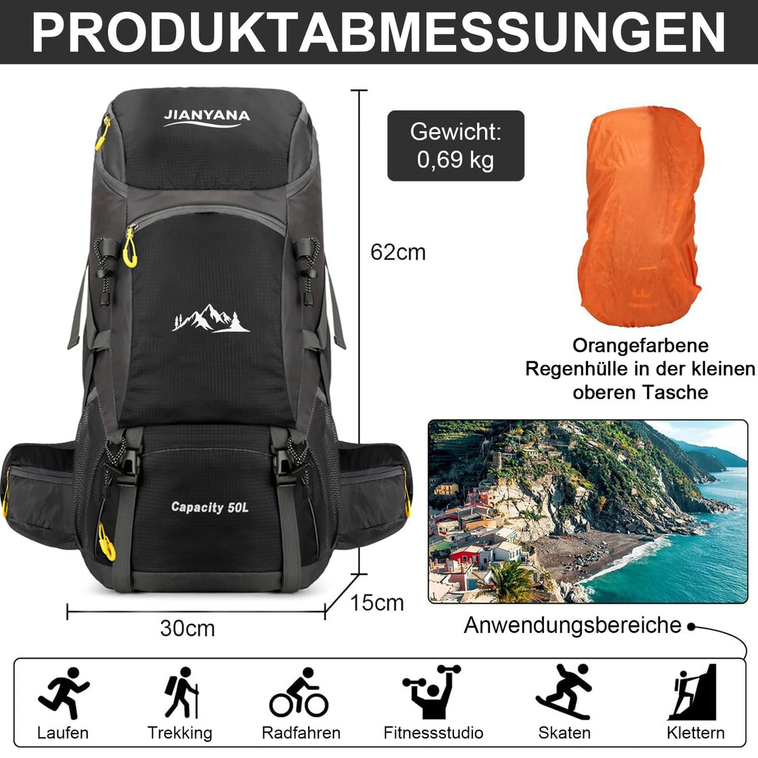 Wanderrucksack 50L mit Regenhülle Polyester/Nylon für Trekking Camping - Bild 2