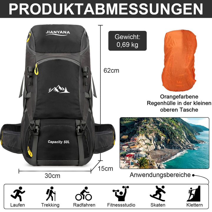 Wanderrucksack 50L mit Regenhülle Polyester/Nylon für Trekking Camping - Bild 2
