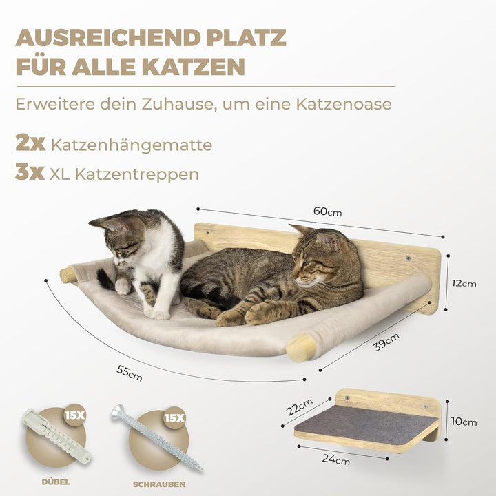 Katzen-Kletterwand 5-teilig Naturholz mit 2 Hängematten &amp; 3 Treppen - Bild 2