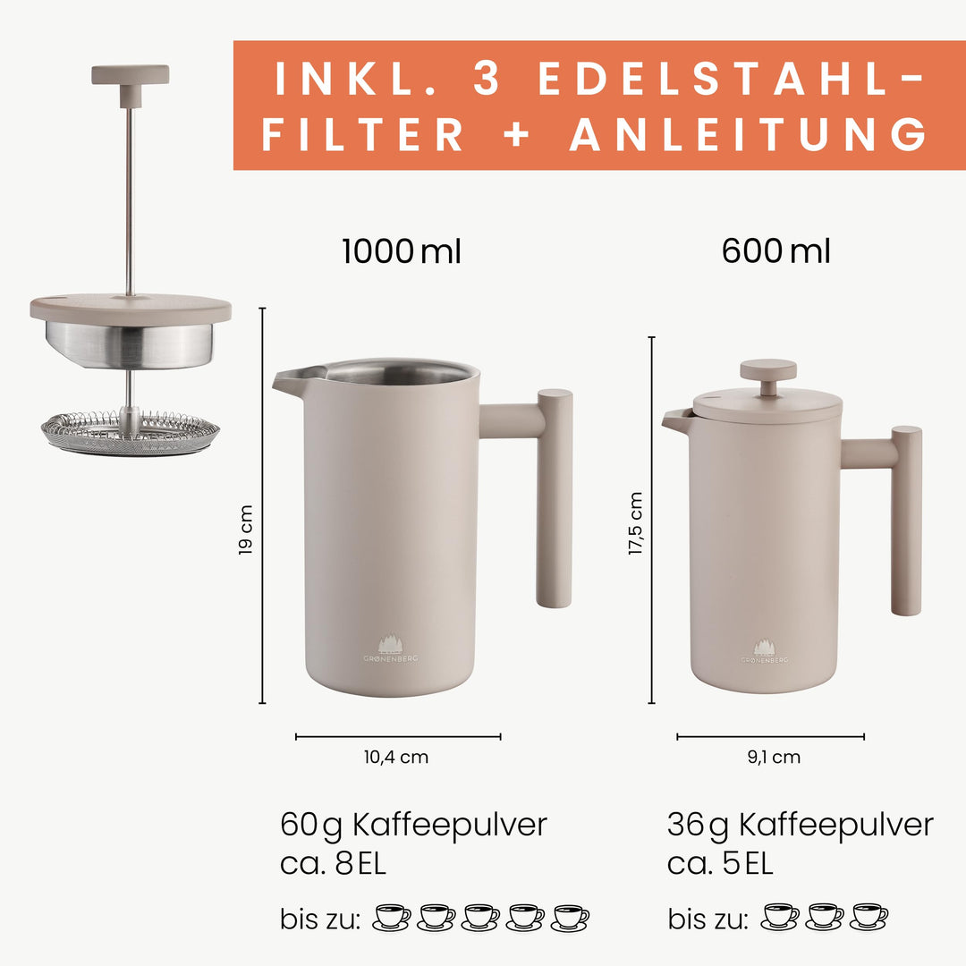 French Press Edelstahl 600 ml / 1 Liter mit Warmhaltefunktion - Bild 7