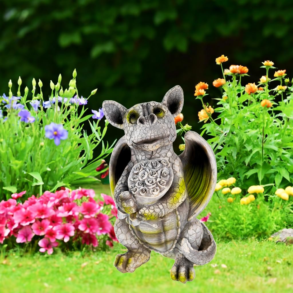 Gartenfigur Drache mit Blumenstrauss Polyresin Steinoptik 25 cm - Bild 2