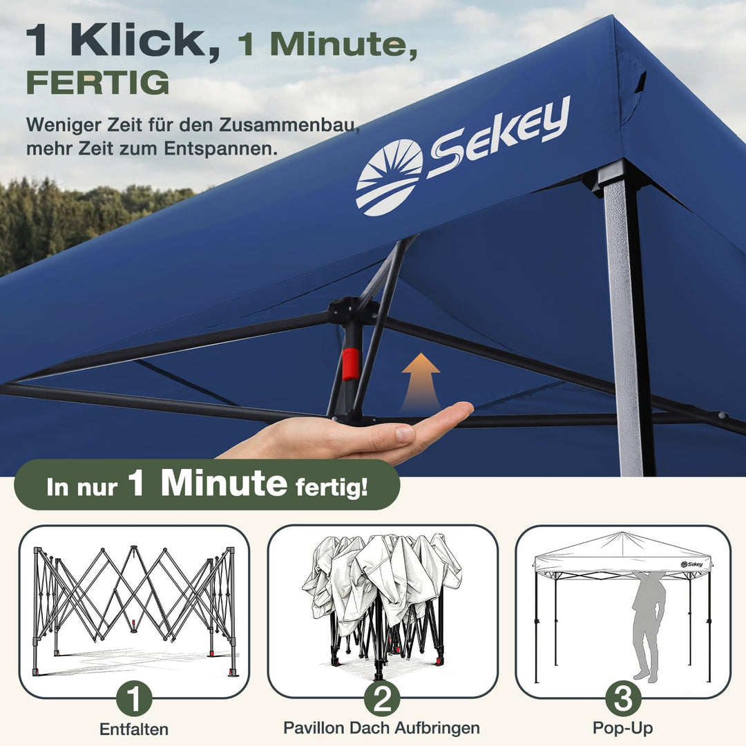 Faltpavillon 3x3 m Pop-Up 420D Oxford wasserdicht Navy 4 Seitenwaende - Bild 2