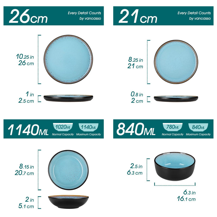 Tafelservice 24-teilig Steingut reaktive Glasur Seeblau 6 Personen - Bild 2