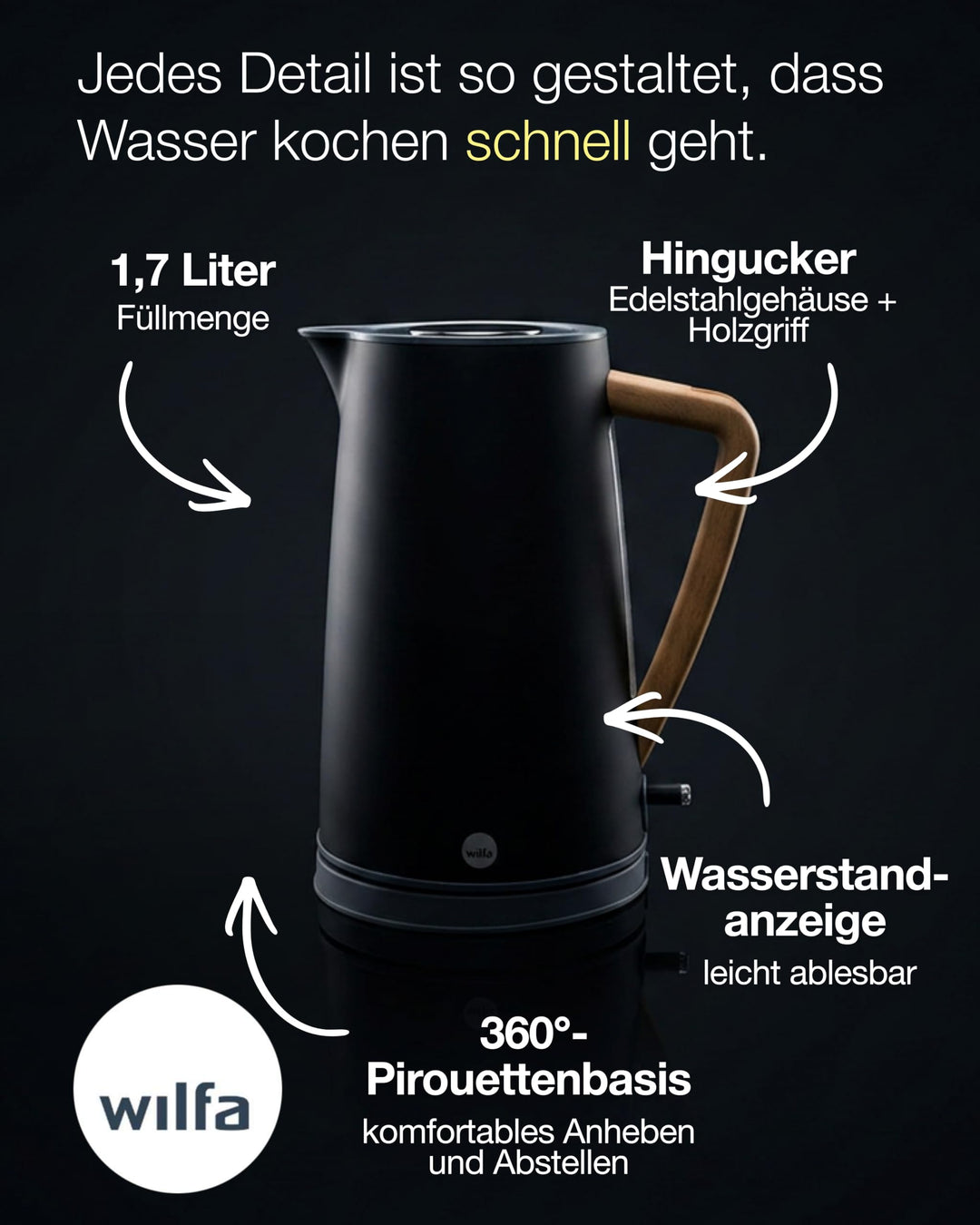 Wasserkocher 1,7 L Edelstahl matt mit Holzoptik-Griff 2000W - Bild 10