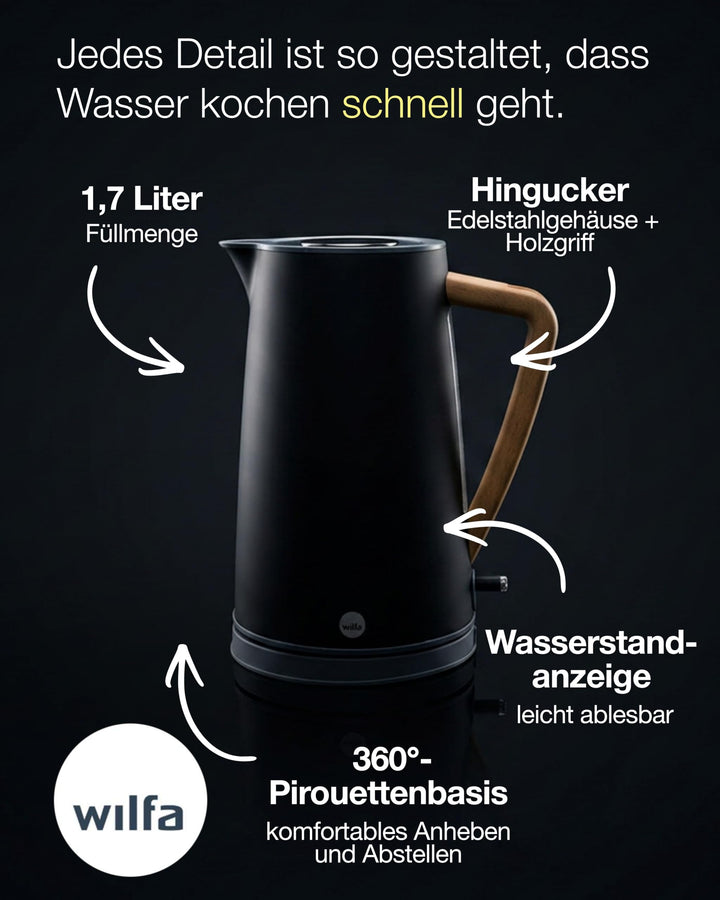 Wasserkocher 1,7 L Edelstahl matt mit Holzoptik-Griff 2000W - Bild 10