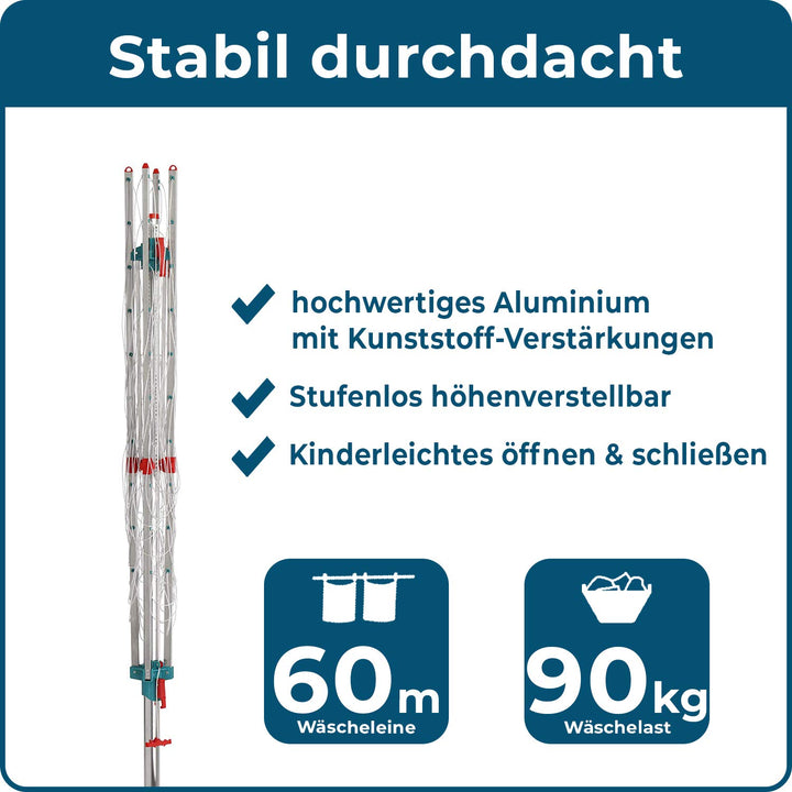 Wäschespinne Aussen 60m Aluminium höhenverstellbar mit Bodenhülse - Bild 3