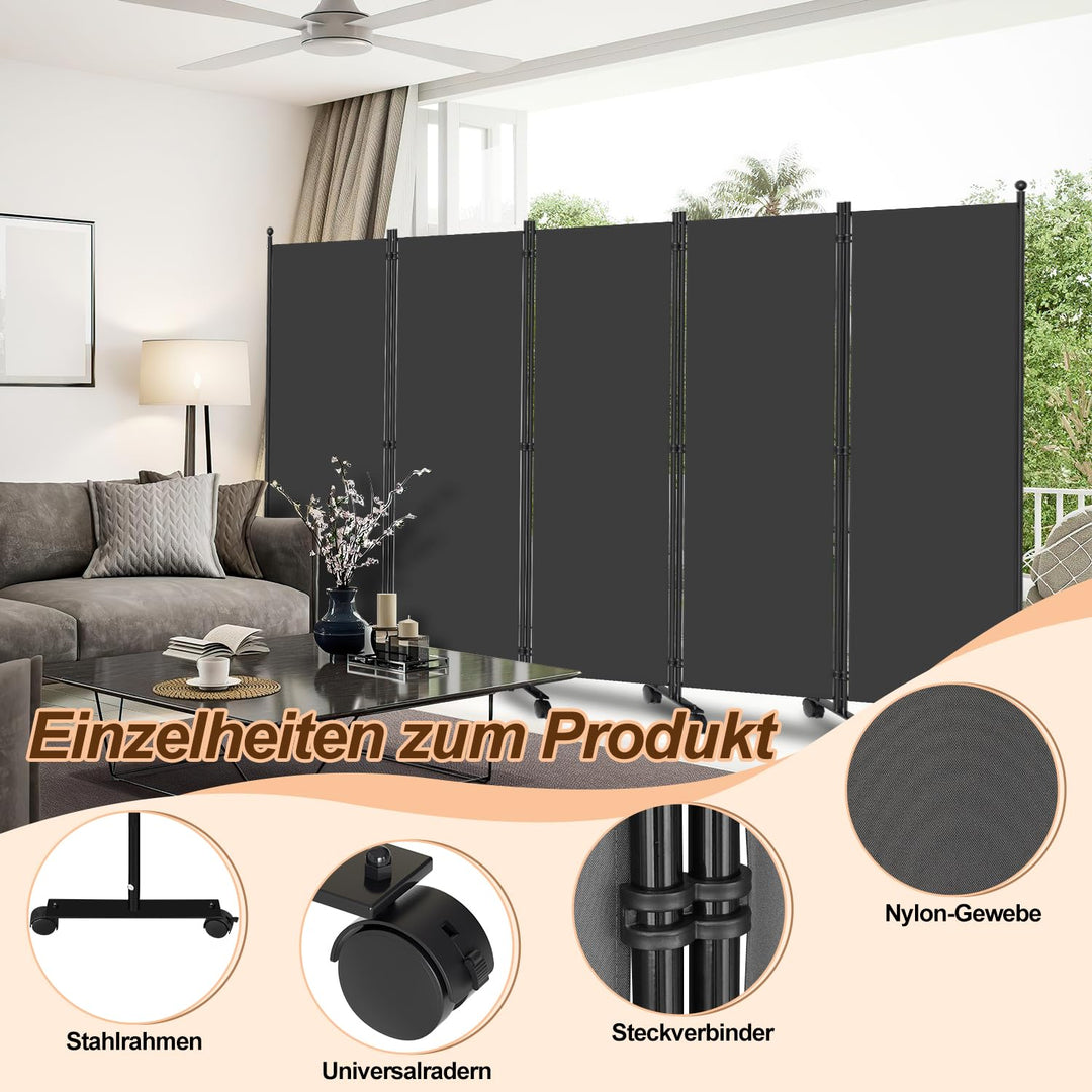 Paravent Raumteiler auf Rollen 5-teilig 284x181 cm Anthrazit faltbar - Bild 3