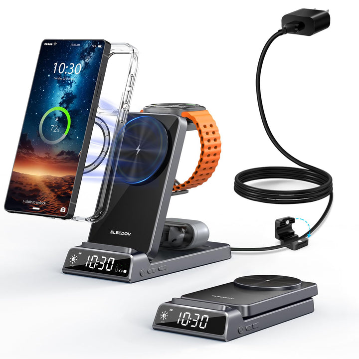 3-in-1 kabelloses Ladestation faltbar mit Digitaluhr fuer Samsung