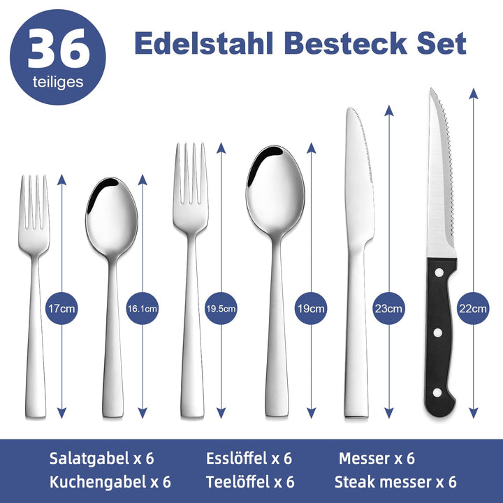Besteck Set 36-teilig Edelstahl für 6 Personen mit Steakmesser