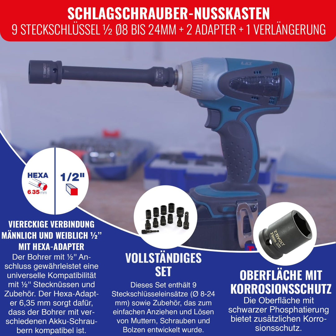 Stecknuss-Set 1/2" CrMo-Stahl 8-24 mm mit Adapter und Verlängerung - Bild 2