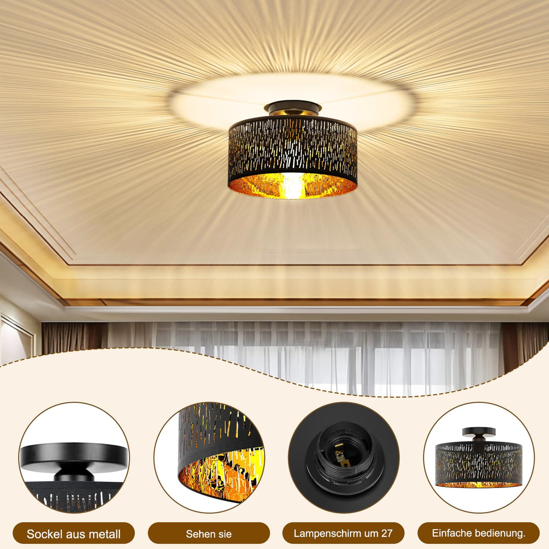 Deckenleuchte Schwarz-Gold Metall Stoff Ø30cm E27 für Wohnzimmer