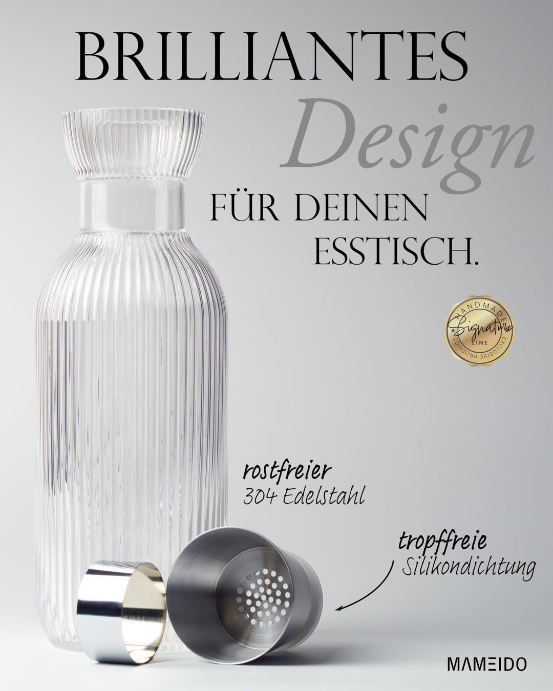 Glaskaraffe mit Ausgiesser und Sieb 1,5 l geriffelt Crystal Silver - Bild 2
