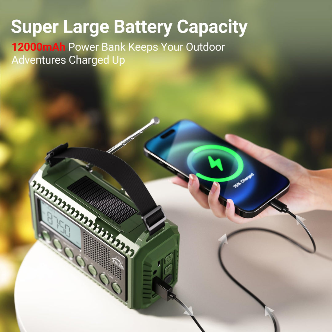 Kurbelradio AM/FM/SW Notfallradio 12000mAh Powerbank Taschenlampe - Bild 4