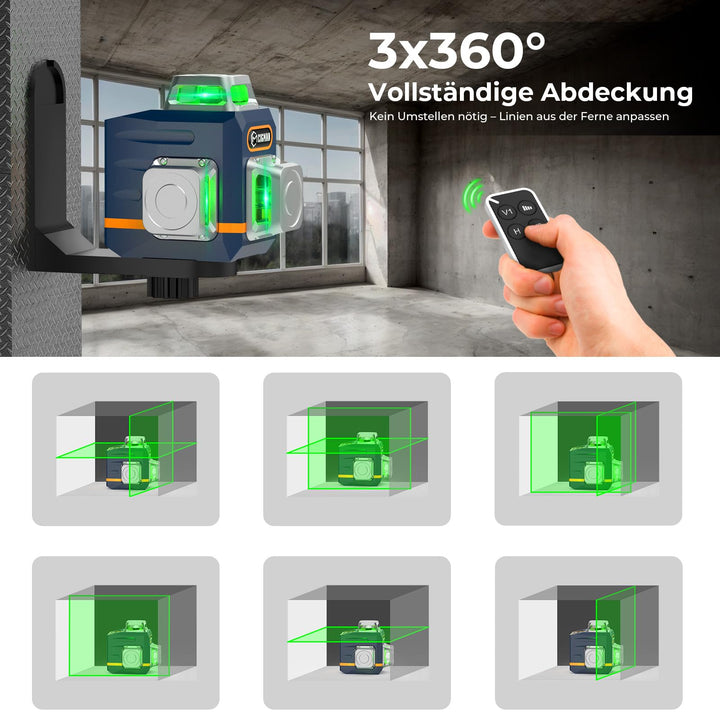 Kreuzlinienlaser 3x360° Grün mit Stativ 1,5 m und 30 h Akku - Bild 2