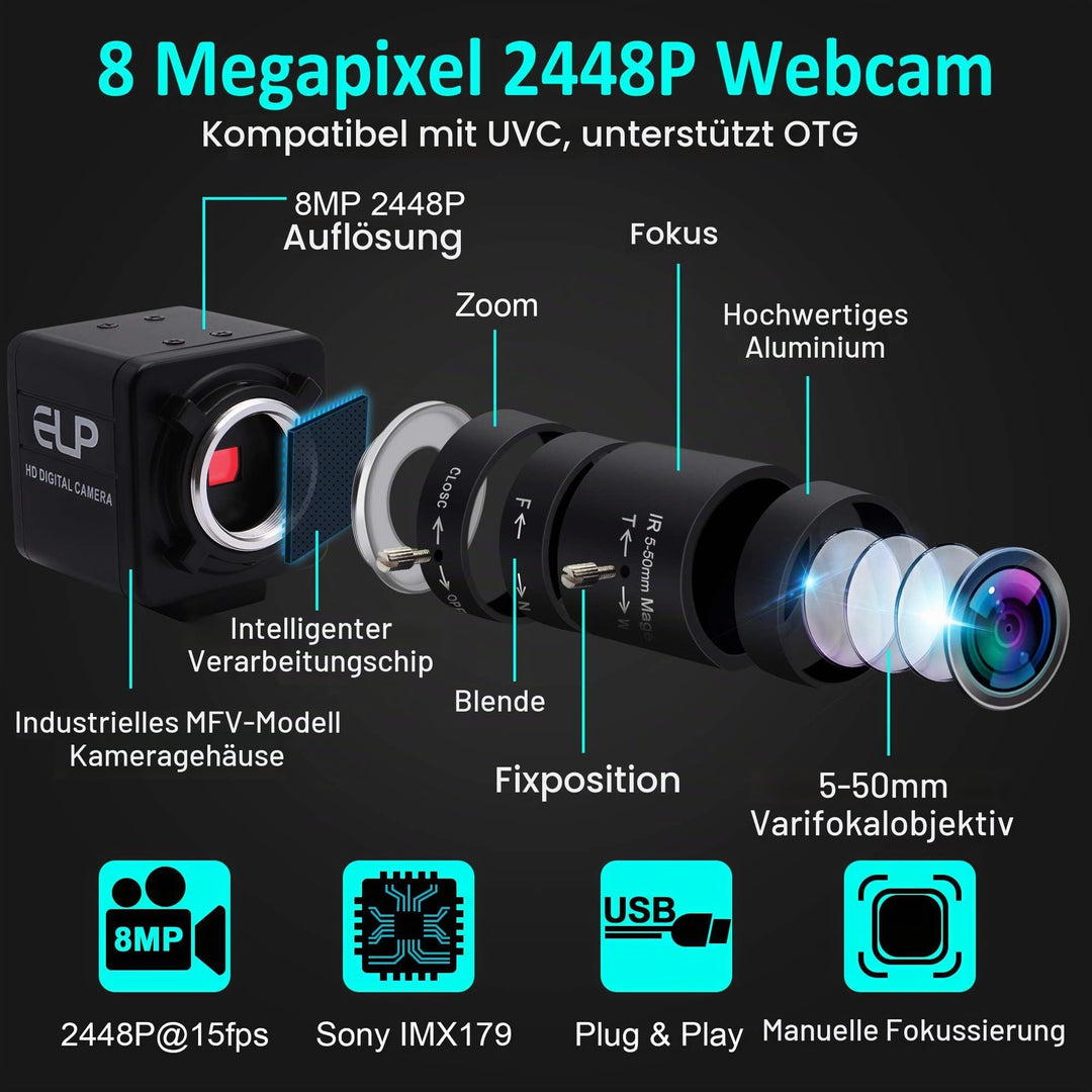 USB-Webcam 8 Megapixel mit 5-50mm Varifokus-Objektiv für PC &amp; Laptop - Bild 4