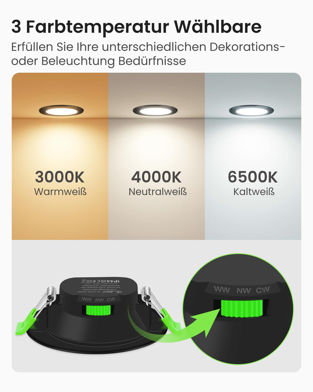 LED Einbaustrahler 7W dimmbar IP44 3 Farbtemperaturen 6er Set - Bild 3