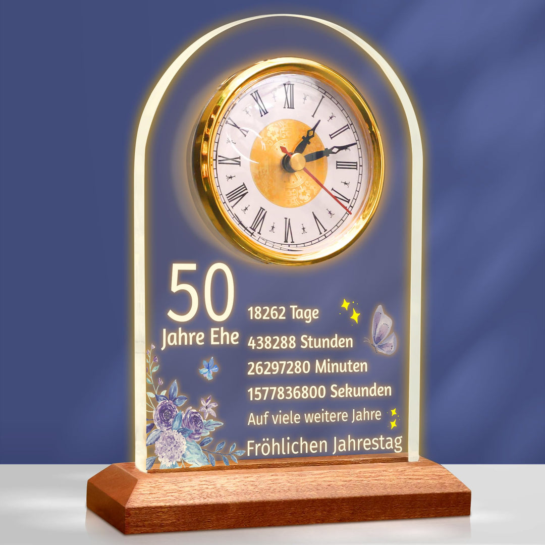 Tischuhr Goldene Hochzeit Acryl mit Holzsockel 50. Jahrestag - Bild 6