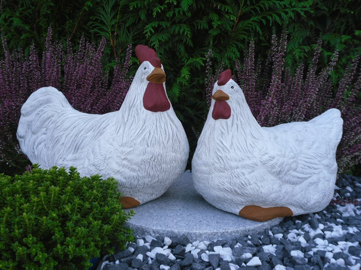 Steinguss Hahn und Huhn 2er Set Weiß Patina Gartenfigur