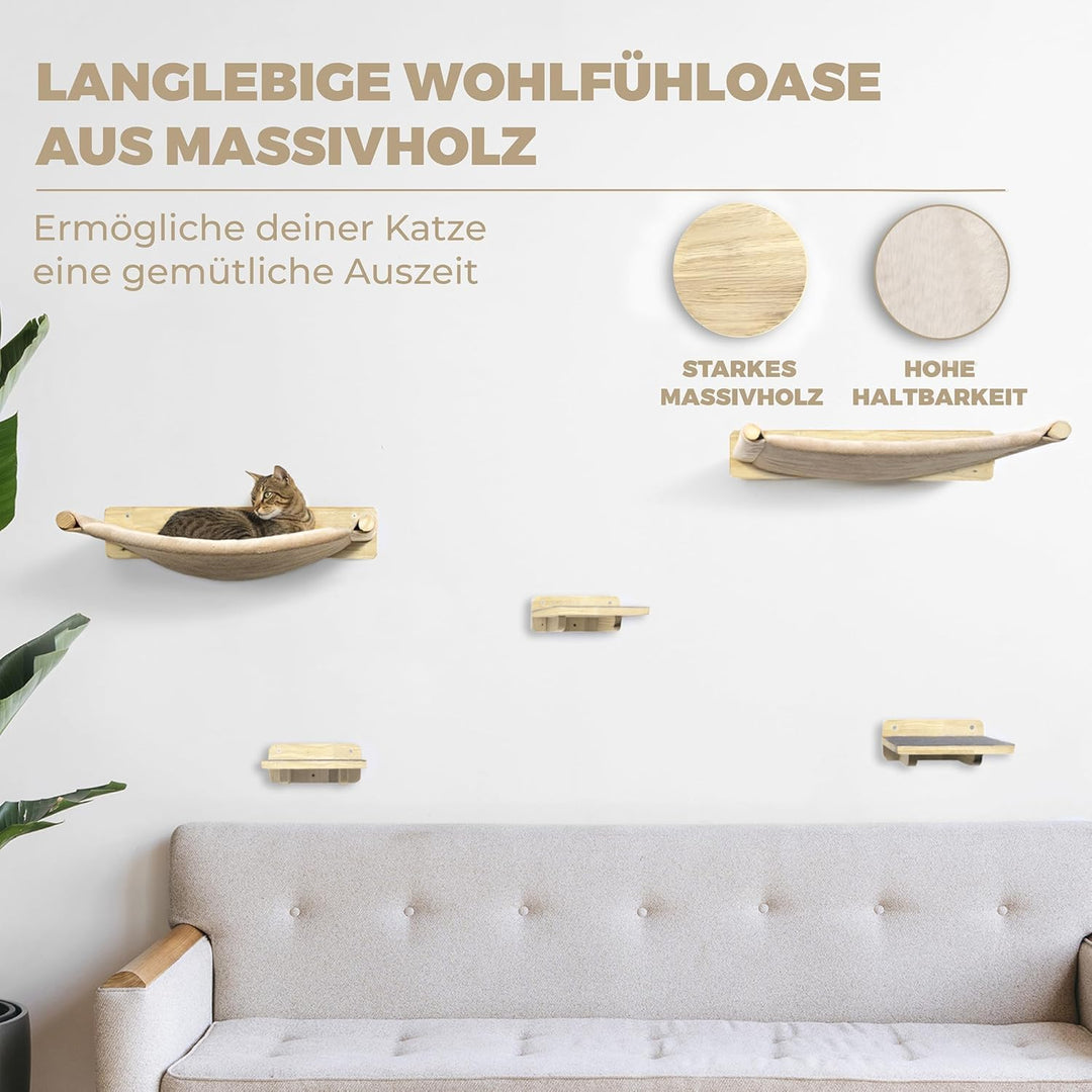 Katzen-Kletterwand 5-teilig Naturholz mit 2 Hängematten &amp; 3 Treppen - Bild 4