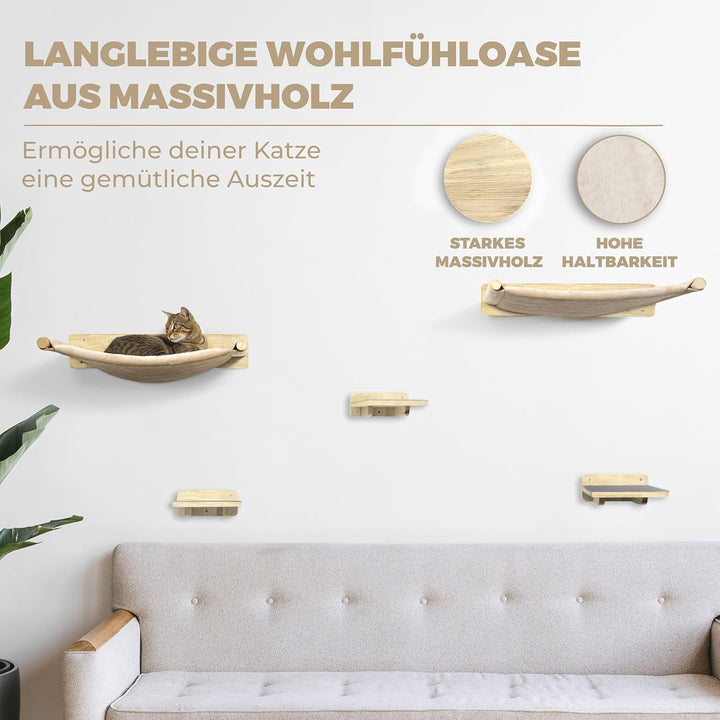 Katzen-Kletterwand 5-teilig Naturholz mit 2 Hängematten &amp; 3 Treppen - Bild 4