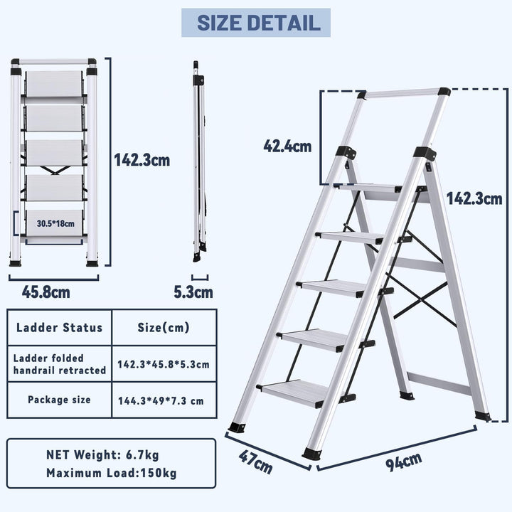 Trittleiter 5 Stufen klappbar Aluminium mit ausziehbarem Handlauf - Bild 5