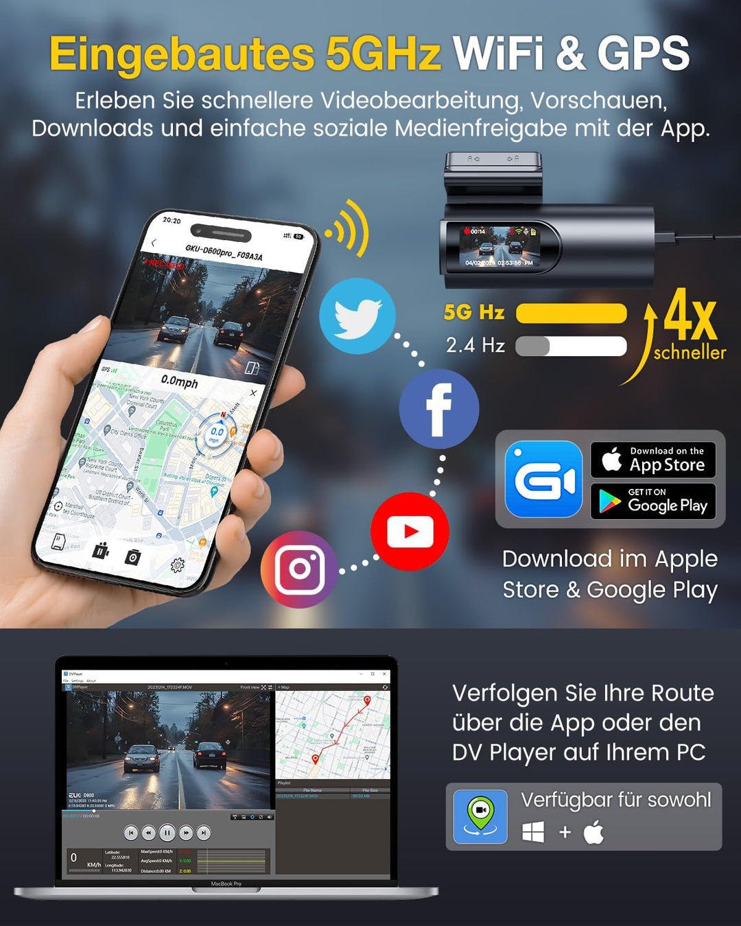 Dashcam Vorne Hinten 4K+1080P mit 5.8GHz WiFi GPS und 64GB SD - Bild 3
