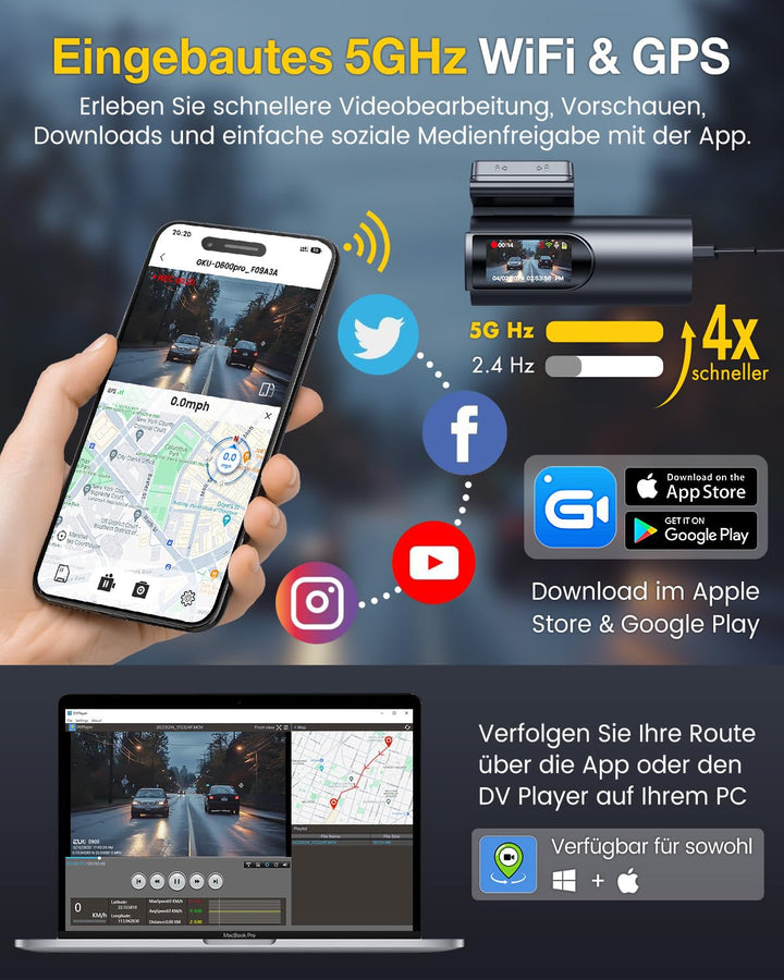 Dashcam Vorne Hinten 4K+1080P mit 5.8GHz WiFi GPS und 64GB SD - Bild 3