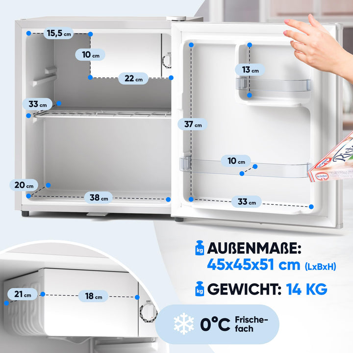 Mini-Kühlschrank 45L mit Frostfach, Schloss &amp; Abtauautomatik, Weiss - Bild 5