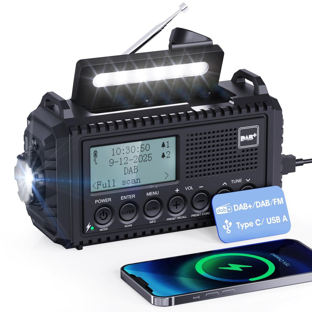 Kurbelradio DAB+ FM mit Solarpanel, LED-Taschenlampe &amp; SOS-Alarm