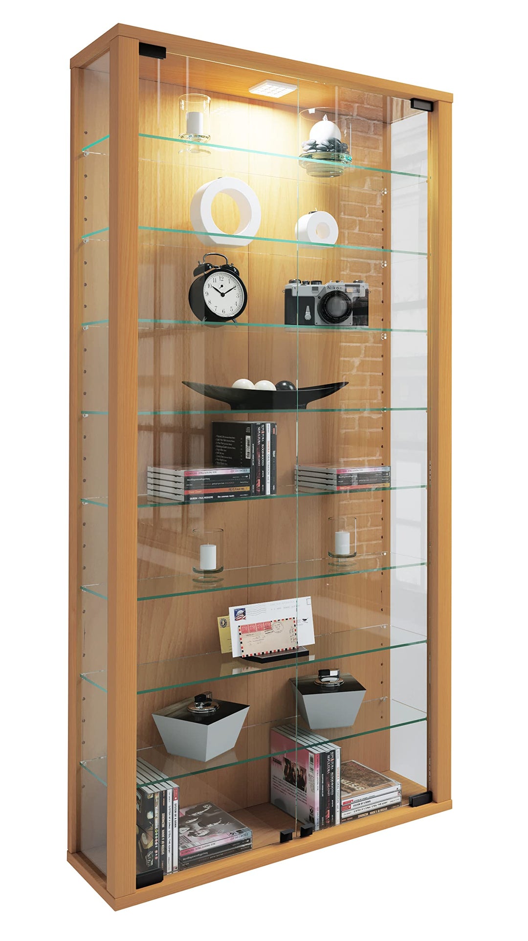 Wandvitrine Buche 59x18x114 cm 9 Fächer ESG-Glas 2 Türen