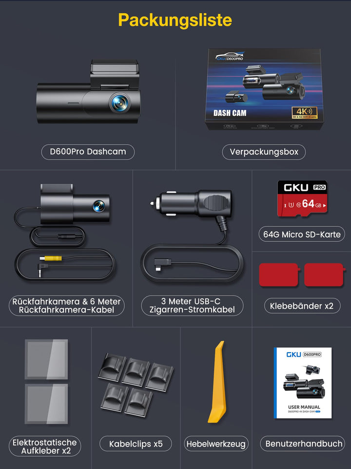 Dashcam Vorne Hinten 4K+1080P mit 5.8GHz WiFi GPS und 64GB SD - Bild 8