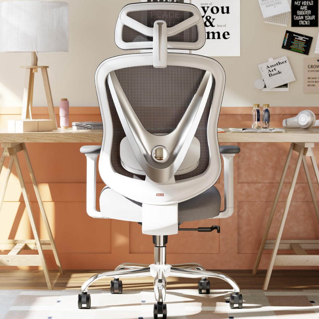 Ergonomischer Bürostuhl Mesh Weiss mit 3D Lendenstütze und verstellbaren Armlehnen