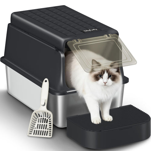 Katzentoilette Edelstahl XXL 3-in-1 mit Klappdeckel 60x40x38,5cm
