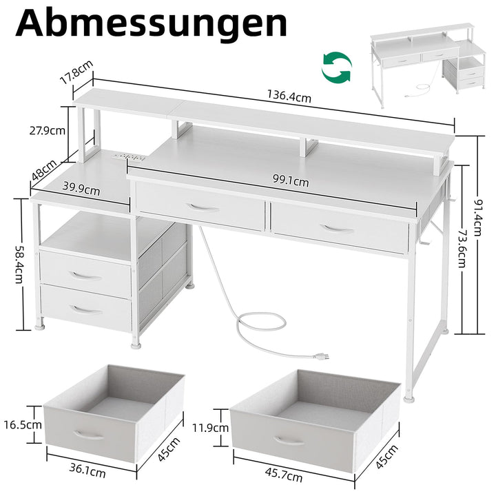 Schreibtisch mit Schubladen, LED, Steckdose &amp; Monitoraufsatz, Weiss